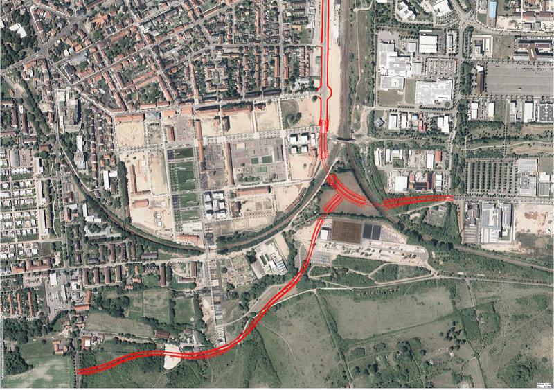 Der ungef&auml;hre Verlauf einer m&ouml;glichen S&uuml;dtangente f&uuml;r die Stadt Landau.