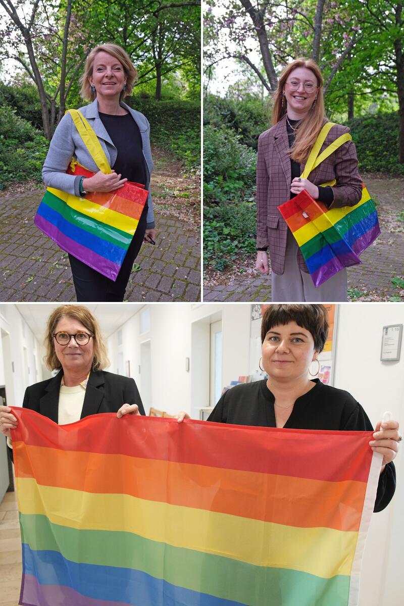 Flagge zeigen f&uuml;r die Vielfalt in der S&uuml;dpfalz - das tun die Gleichstellungsbeauftragten Isabelle St&auml;hle (Kreis S&Uuml;W), Laura Hess (Stadt Landau) sowie Lisa-Maria Trog und ihre Stellvertreterin Evi Julier (Kreis GER). 