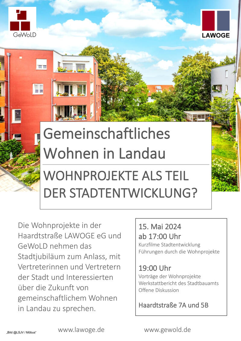 Die Wohnprojekte in der Haardtstra&szlig;e m&ouml;chten am 15. Mai mit Vertreterinnen und Vertretern der Stadt und Interessierten &uuml;ber die Zukunft von gemeinschaftlichem Wohnen in Landau zu sprechen.
