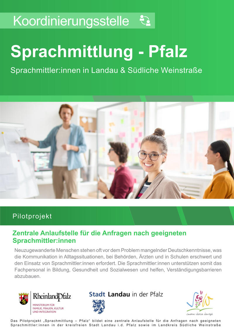 : Das Pilotprojekt &raquo;Sprachmittlung Pfalz&laquo; bildet eine zentrale Anlaufstelle f&uuml;r die Anfragen nach geeigneten Sprachmittlerinnen und Sprachmittlern in der Stadt Landau sowie im Kreis S&uuml;dliche Weinstra&szlig;e.