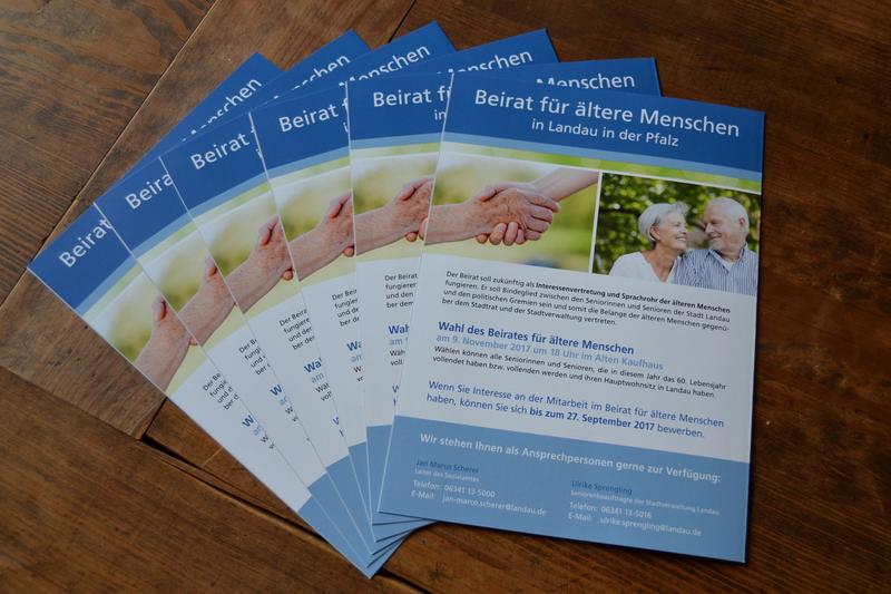 Um &uuml;ber den Beirat f&uuml;r &auml;ltere Menschen zu informieren und Kandidatinnen und Kandidaten zu gewinnen, hat die Stadt Landau einen Flyer aufgelegt, der unter anderem im Rathaus, in den Ortsvorsteherb&uuml;ros und beim Seniorenb&uuml;ro in der Waffenstra&szlig;e ausliegt.