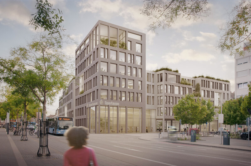 Visualisierung des geplanten Dienstleistungszentrums der Sparkasse S&uuml;dpfalz gegen&uuml;ber des Landauer Hauptbahnhofs: Ein moderner Neubau, der Beratung, Service und Arbeitswelten unter einem Dach vereint und ein starkes Signal f&uuml;r die Weiterentwicklung der St