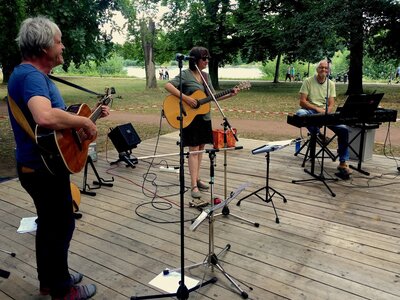 Bild vergr&ouml;&szlig;ern: Das Trio Reinig, Braun & B&ouml;hm sorgt beim zweiten Sonntagskonzert im Goethepark f&uuml;r den musikalischen Part.