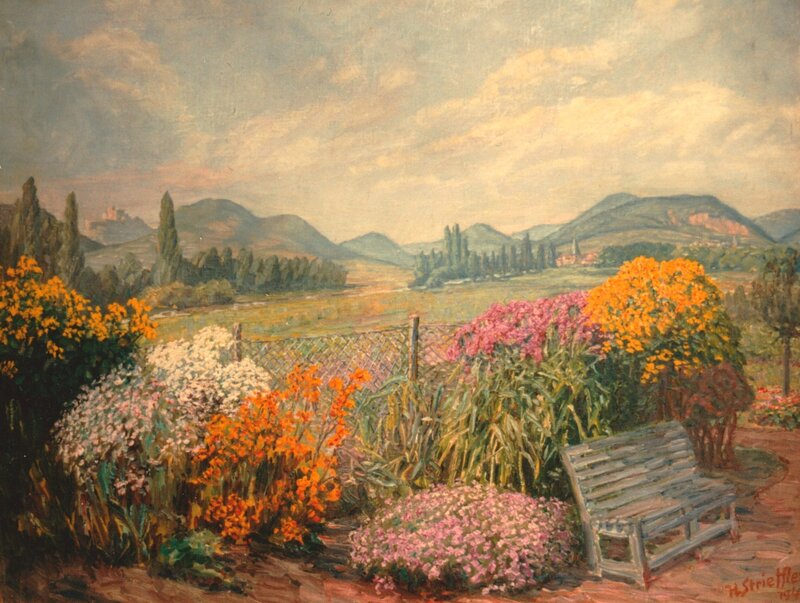 Heinrich Strieffler, Blumengarten mit Blick auf die Haardt. 1942. &Ouml;l auf Leinwand. 