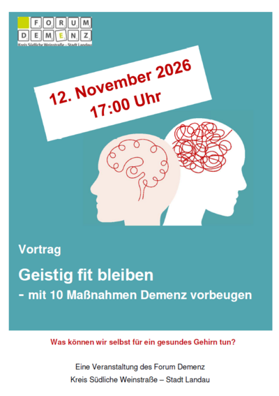 Bild vergr&ouml;&szlig;ern: Der Vortrag &raquo;Geistig fit bleiben - Mit 10 Ma&szlig;nahmen Demenz vorbeugen&laquo; findet am 12. November statt.
