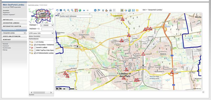 Seit Kurzem auf dem GeoPortal der Stadt Landau verf&uuml;gbar: Eine interaktive Baustellenkarte, mit der sich Verkehrsteilnehmerinnen und Verkehrsteilnehmer &uuml;ber aktuelle Verkehrsbehinderungen sowie deren geplante Dauer informieren k&ouml;nnen.