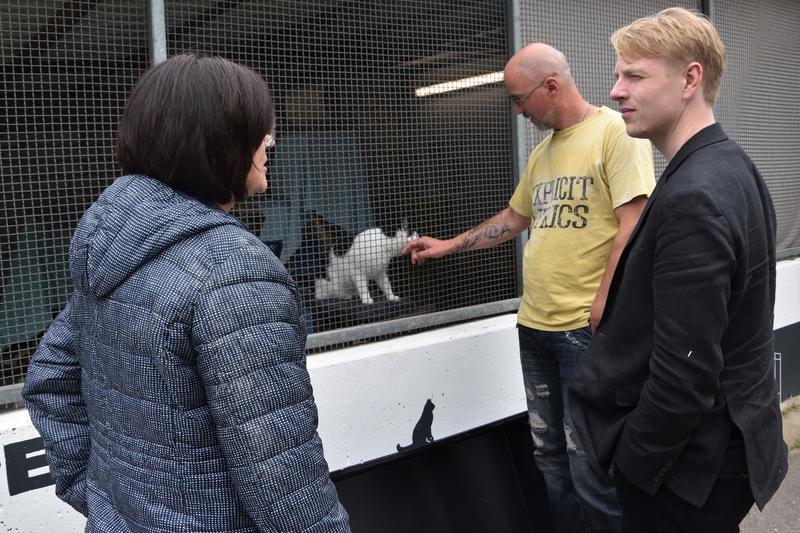 Ordnungsdezernent Lukas Hartmann (r.) beim Vor-Ort-Austausch mit Vorstandsvorsitzendem Adrian Eichner und Kassenwartin Martina Zimpelmann im Landauer Tierheim.